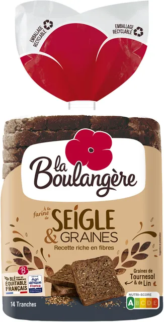 Paquet de pain de mie La Boulangère seigle et graines avec le logo Nutri-Score A