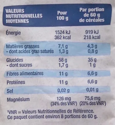 Tableau des valeurs nutritionnelles d'un paquet de flocons d'avoine Bjorg