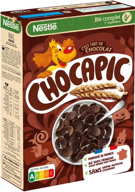 Paquet de céréales Chocapic affichant un Nutri-Score A