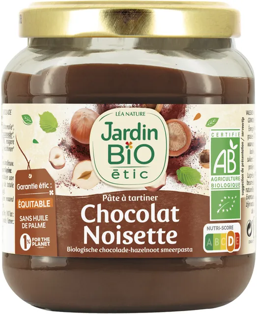 Pot de pâte à tartiner chocolat noisette Jardin Bio étic avec un logo Nutri-Score D